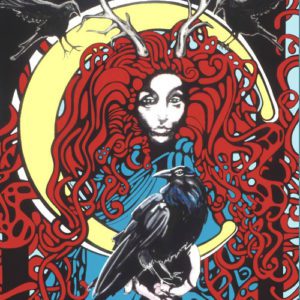 Graphic image of red haired woman holding a crow. Hair is tangled and knotted and two horns stick up above the top of her head. The full moon appears behind her similar to a crown or halo.
