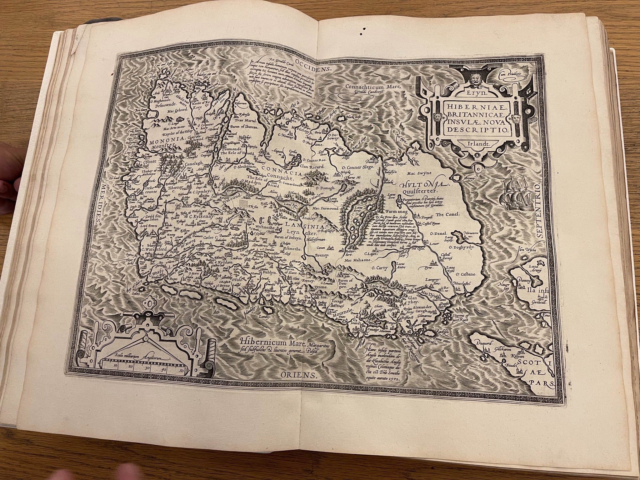 1595 Ortelius Atlas, book open with map of Ireland showing